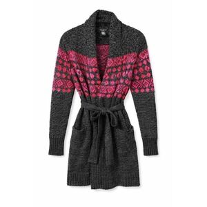 Eddie Bauer Fair Isle Belted Sweater Coat Cardigan Pink Wool Blend Small
